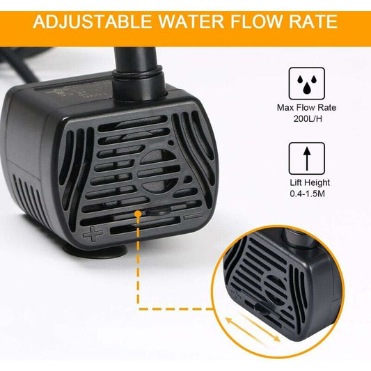 Submersible Water Pump, Aquarium Pump Adjustable 200L/H 3W Ultra-Quiet Catit Usb Pump For Pond Fish Tank Fountain Fish