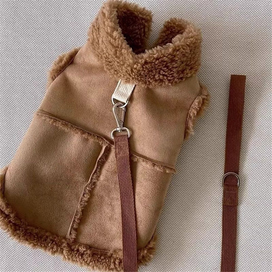 Warm and windproof suede dog clothing, suitable for small and medium-sized dogs, pet motorcycle clothing, Brown,S Excluding rope