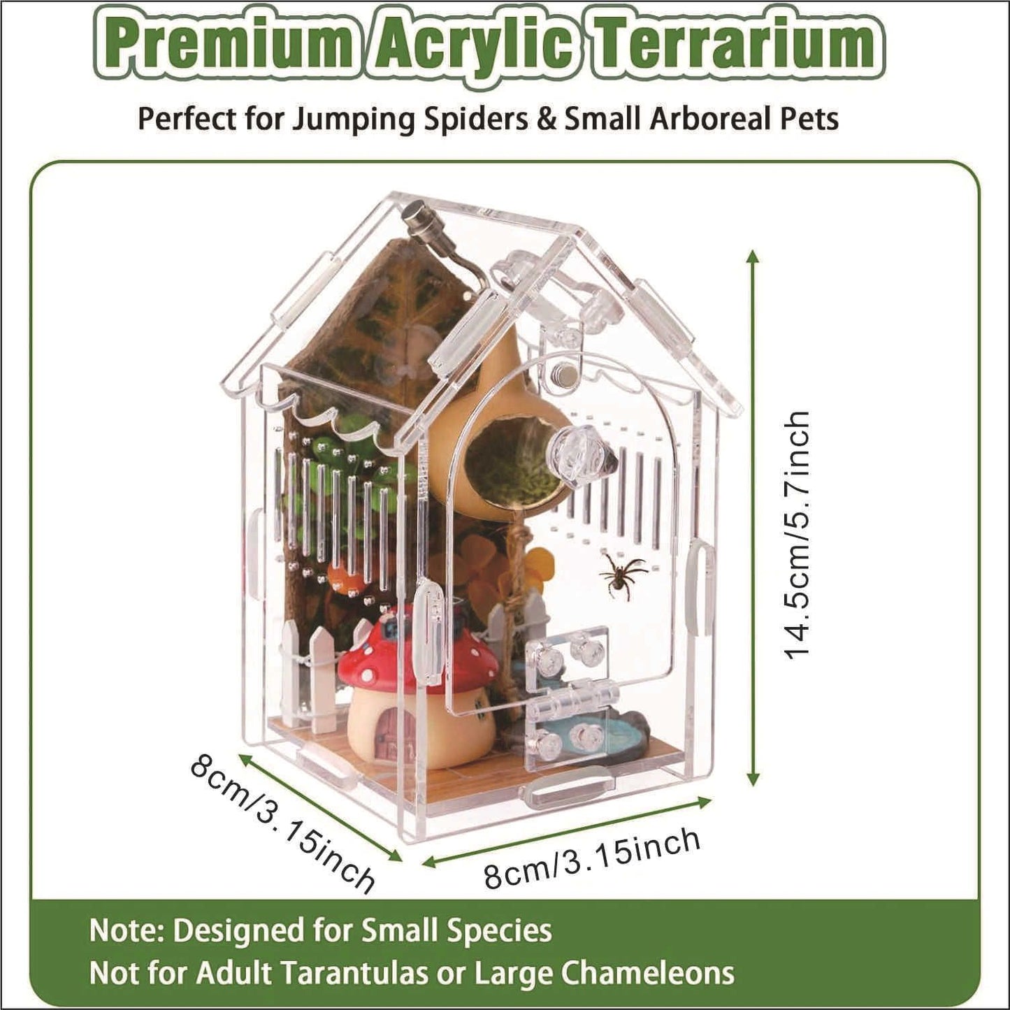 Jumping Spider Enclosure - Internal Dimensions Acrylic Terrarium Kit for Tarantulas/Mantis/Reptiles with Magnetic Door, Ventilation & Easy Assembly(Single hinge page)