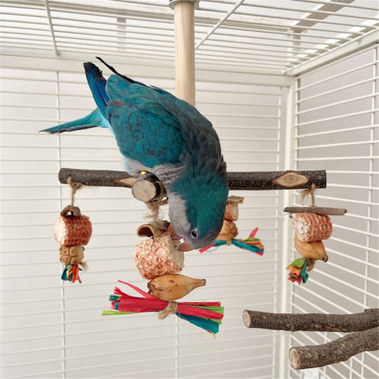 360° Rotating with Natural Chew Toys - Spinning Bird Toys Cage Accessories- Parrot Wooden Stand for Small and Medium Birds (Bite string style)