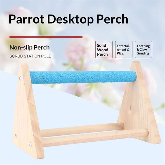 Parrot Bird Wooden Bass Rack Game Toy Gym Bird Grinding Bass Small Phoenix Head Parrot Cone Long Tail Parrot Table Platform(Blue)