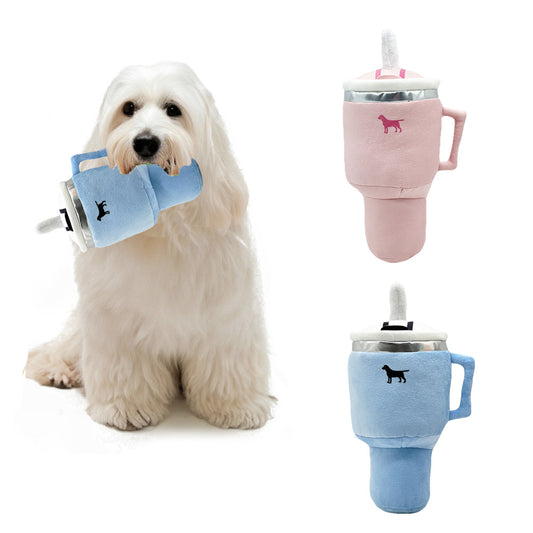 Pink Plush Travel Mug Squeaky Dog Toy - Soft Polyester Chew Toy for Boredom Relief & Interactive Fun - 31cm