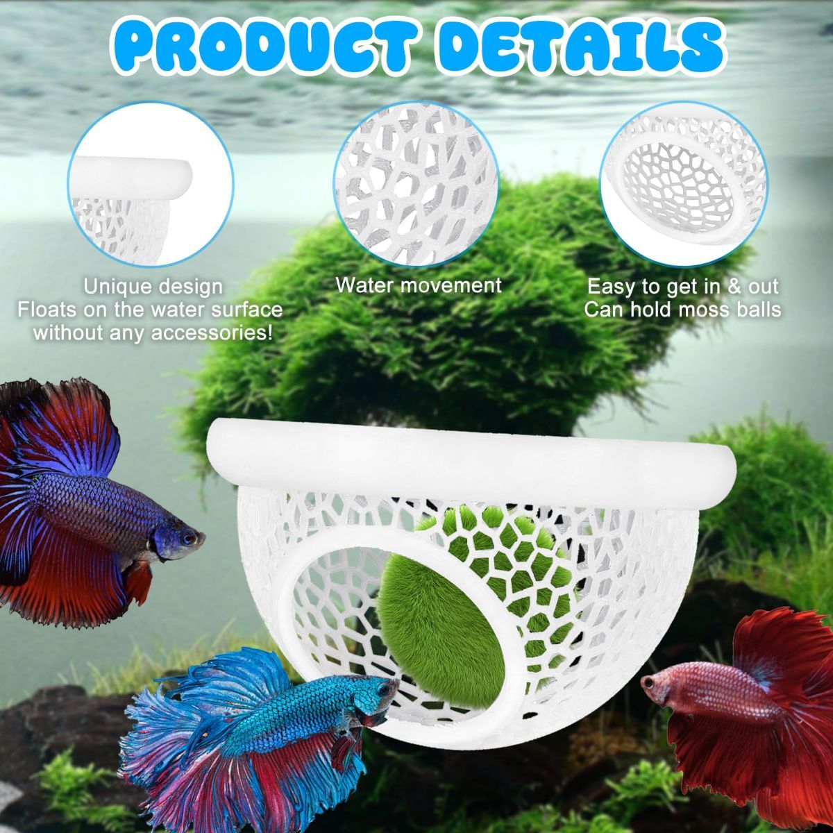 Floating Betta Hide & Shrimp Cave – 3D Printed Aquarium Hammock, Feeder & Rest Spot – Floating Betta Log & Cave Decor for Nano Tanks, Corydoras, Shrimp & Small Fish – Safe PLA, Patent Pending - Blue - Size S
