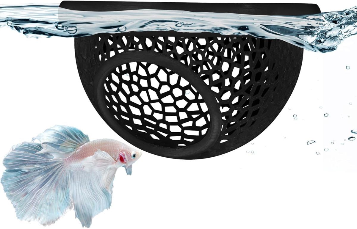 Floating Betta Hide & Shrimp Cave – 3D Printed Aquarium Hammock, Feeder & Rest Spot – Floating Betta Log & Cave Decor for Nano Tanks, Corydoras, Shrimp & Small Fish – Safe PLA, Patent Pending - Blue - Size S