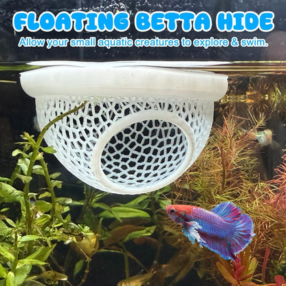 Floating Betta Hide & Shrimp Cave – 3D Printed Aquarium Hammock, Feeder & Rest Spot – Floating Betta Log & Cave Decor for Nano Tanks, Corydoras, Shrimp & Small Fish – Safe PLA, Patent Pending - Blue - Size S