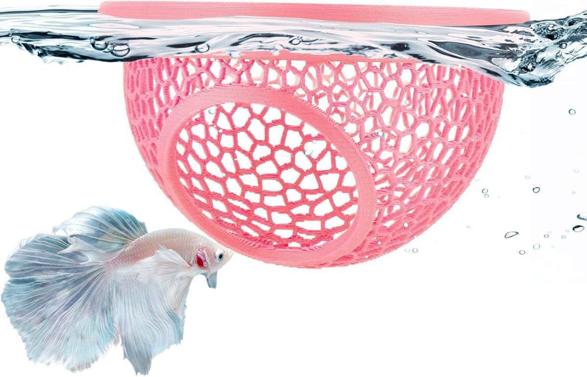 Floating Betta Hide & Shrimp Cave – 3D Printed Aquarium Hammock, Feeder & Rest Spot – Floating Betta Log & Cave Decor for Nano Tanks, Corydoras, Shrimp & Small Fish – Safe PLA, Patent Pending - Pink - Size S