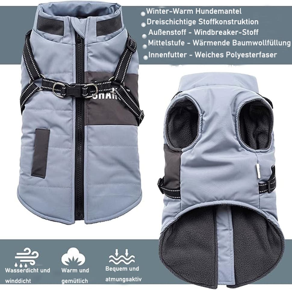 Warm Soft Winter Dog Vest with Stand Collar, Wind and Waterproof, Blue, for Small Medium Large Dogs, XXL