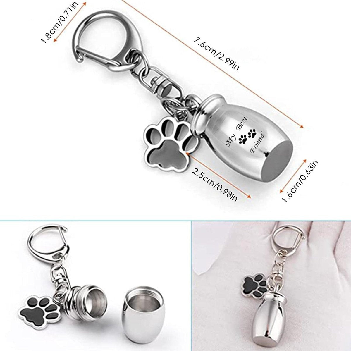 Pet Ash Keychain - Stainless Steel Paw - Waterproof - Ash Holder for Cats Dogs