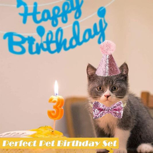 Birthday hats for dogs/cats - Party hat set for dogs - Includes bow tie and blue number - Suitable as decoration for a puppy or kitten - Clothing, headwear and accessories for pets, set of 3 (pink)