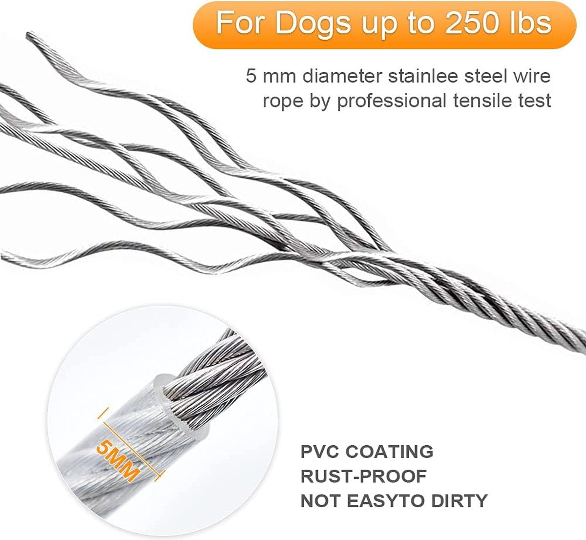 Dog leash cable - 5mm * 3m - stainless steel - silver - dog chains - with double fastening stainless steel buckle - camping accessories - dog game ground stake - heavy-duty dog chain - exhaust leash for animals