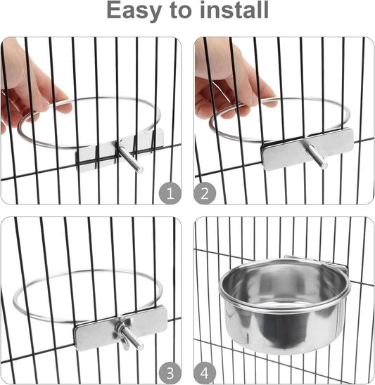 Pet Food Bowl - Stainless Steel Food Bowl - Hanging Food Bowl - with Clip Holder - Suitable for dogs, birds, parrots, cats and rabbits.