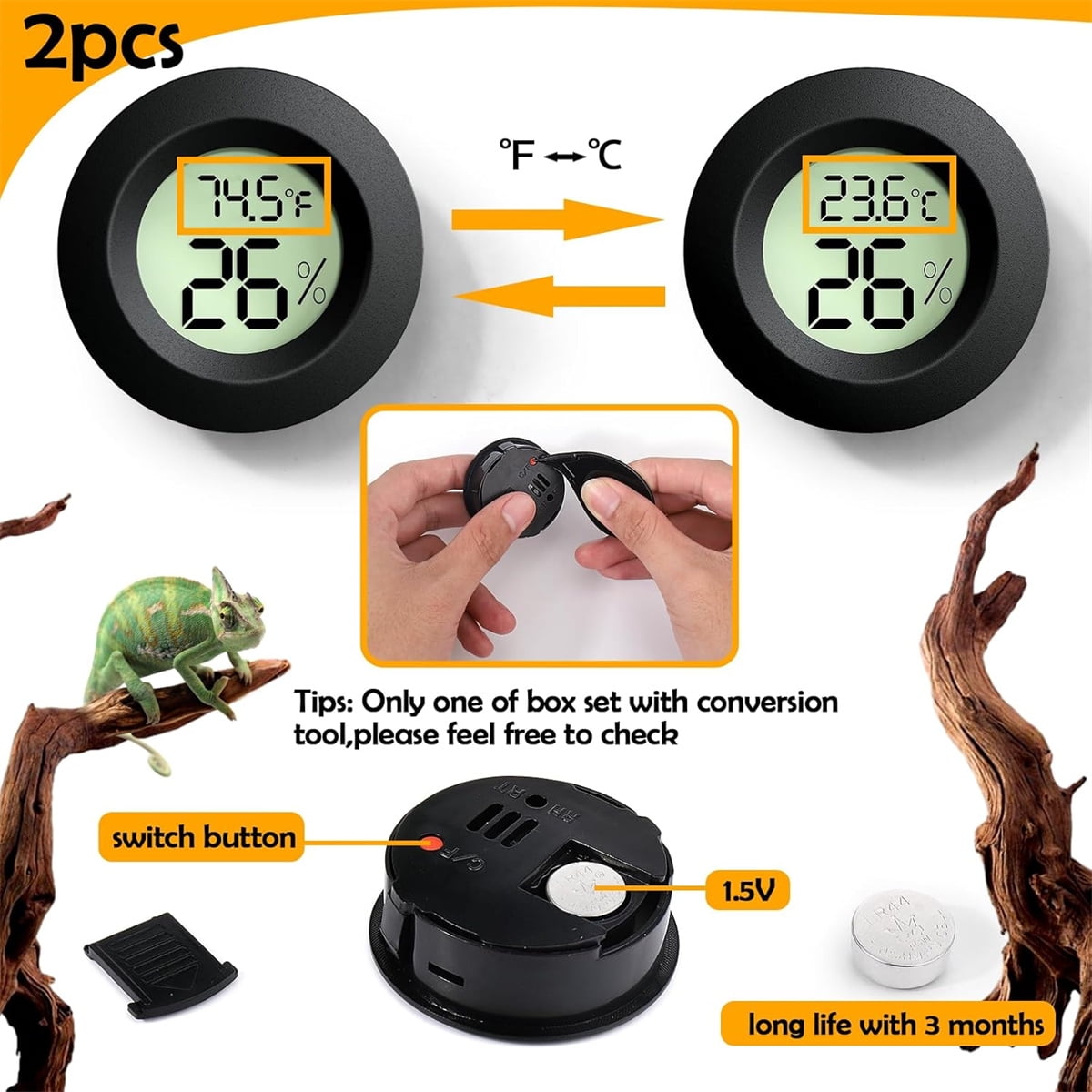 Tutuviw Reptile Thermometer Hygrometer LCD Digital Humidity Gauge for Reptile Heat Pad to Monitor Temperature and Humidity in Reptile Terrarium for Turtle Snake Lizard Frog Plant Box, 2Pcs 1.7