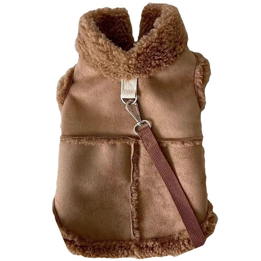 Warm and windproof suede dog clothing, suitable for small and medium-sized dogs, pet motorcycle clothing, Brown,S Excluding rope