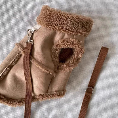 Warm and windproof suede dog clothing, suitable for small and medium-sized dogs, pet motorcycle clothing, Brown,S Excluding rope