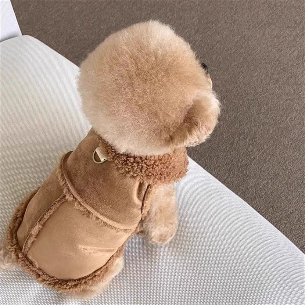Warm and windproof suede dog clothing, suitable for small and medium-sized dogs, pet motorcycle clothing, Brown,S Excluding rope