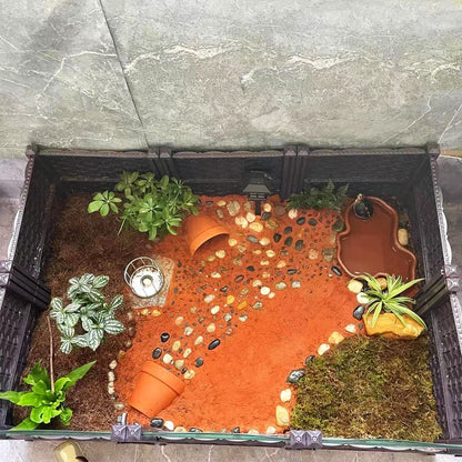 Extra Large Reptile Bathing Pool Reptile Feeding Dish Water Bowl with Ramp Aquarium Ornament for Gecko, Snake, Turtle, Bearded Dragon, Lizard Bath (Brown)