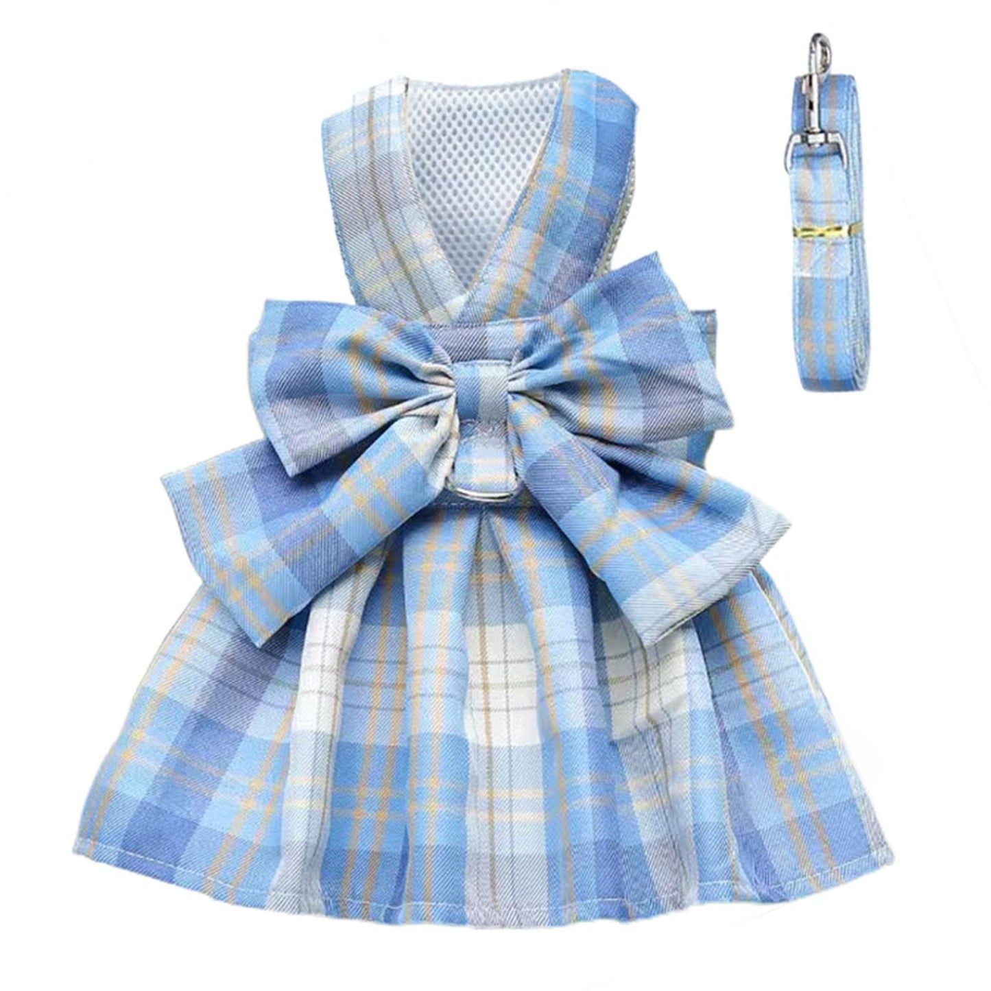 Dog Harness and Leash Set, Cute Bow Tie Plaid Harnesses for Puppy Cat, Adjustable Pet Kitties Vest, Breathable Harness Traction Rope for Boy Girl Small Animal(Skirt Sky Blue,M for 5.5-8.8lbs Dog)
