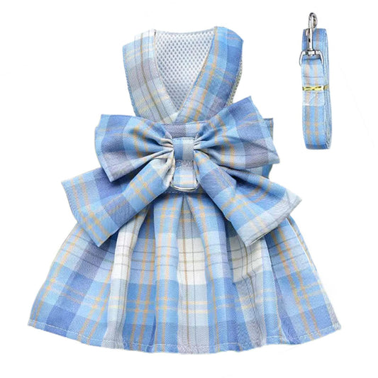 Dog Harness and Leash Set, Cute Bow Tie Plaid Harnesses for Puppy Cat, Adjustable Pet Kitties Vest, Breathable Harness Traction Rope for Boy Girl Small Animal(Skirt Sky Blue,M for 5.5-8.8lbs Dog)