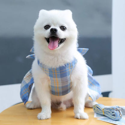 Dog Harness and Leash Set, Cute Bow Tie Plaid Harnesses for Puppy Cat, Adjustable Pet Kitties Vest, Breathable Harness Traction Rope for Boy Girl Small Animal(Skirt Sky Blue,M for 5.5-8.8lbs Dog)
