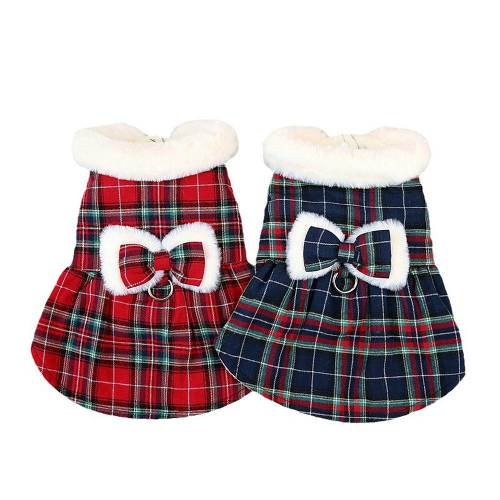 2 pack Plaid Dog Dresses Cute Bowtie Clothes Cotton Soft Outfit Dog Costume for Small Dogs Cat Apparel (S)