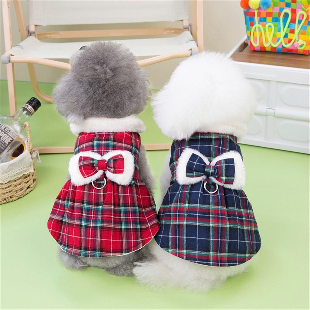 2 pack Plaid Dog Dresses Cute Bowtie Clothes Cotton Soft Outfit Dog Costume for Small Dogs Cat Apparel (S)