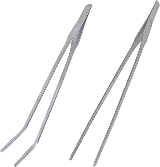 2 Pcs Feeding Tongs, Aquarium Tweezers Stainless Steel Straight and Curved Tweezers Set 27cm/10.6 inches Aquascaping Tools for Hold Worms, Reptiles, Lizards, Bearded Dragon (Silver)