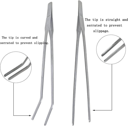 2 Pcs Feeding Tongs, Aquarium Tweezers Stainless Steel Straight and Curved Tweezers Set 27cm/10.6 inches Aquascaping Tools for Hold Worms, Reptiles, Lizards, Bearded Dragon (Silver)