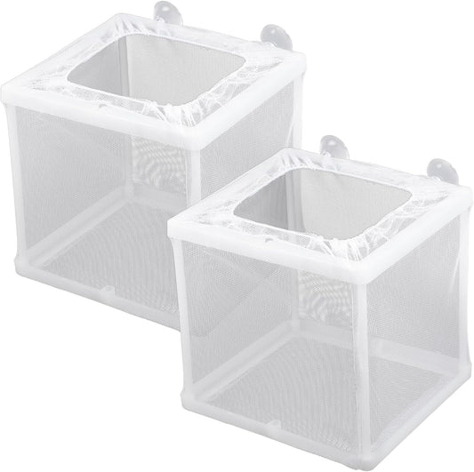 2 Pack Fish Incubator Mesh Box Aquarium, 6.3" x 5.51" x 5.91" Breeder Box for Fish Tank White Nylon Mesh Fishes Breeder Boxes for Aquarium Juvenile Fishes Separation Net Fry Hatchery with Suction Cups