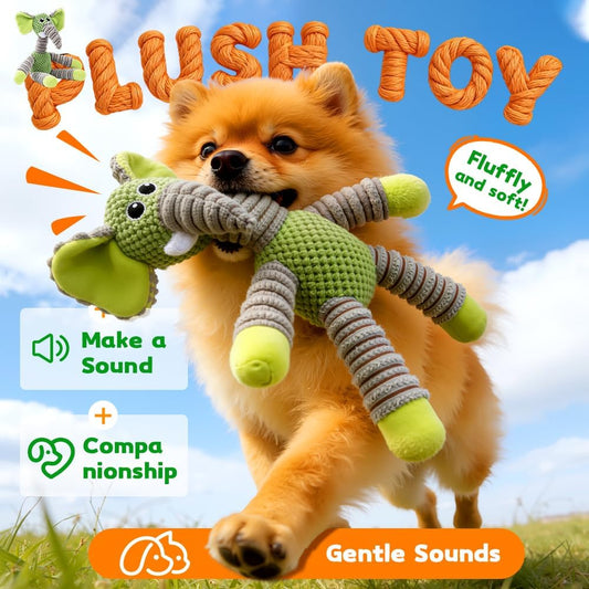 Linen Safari Companions Dog Toys, Durable Toy with Squeaker for Small Medium Large Dogs, Chew Resistant Animal Shaped Toys Aggressive Chewers Puppy Anxiety Relief (Elephant) Elephant