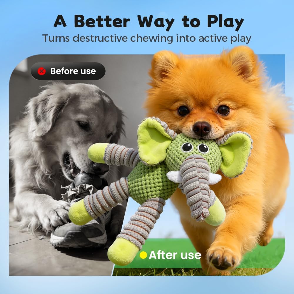 Linen Safari Companions Dog Toys, Durable Toy with Squeaker for Small Medium Large Dogs, Chew Resistant Animal Shaped Toys Aggressive Chewers Puppy Anxiety Relief (Elephant) Elephant