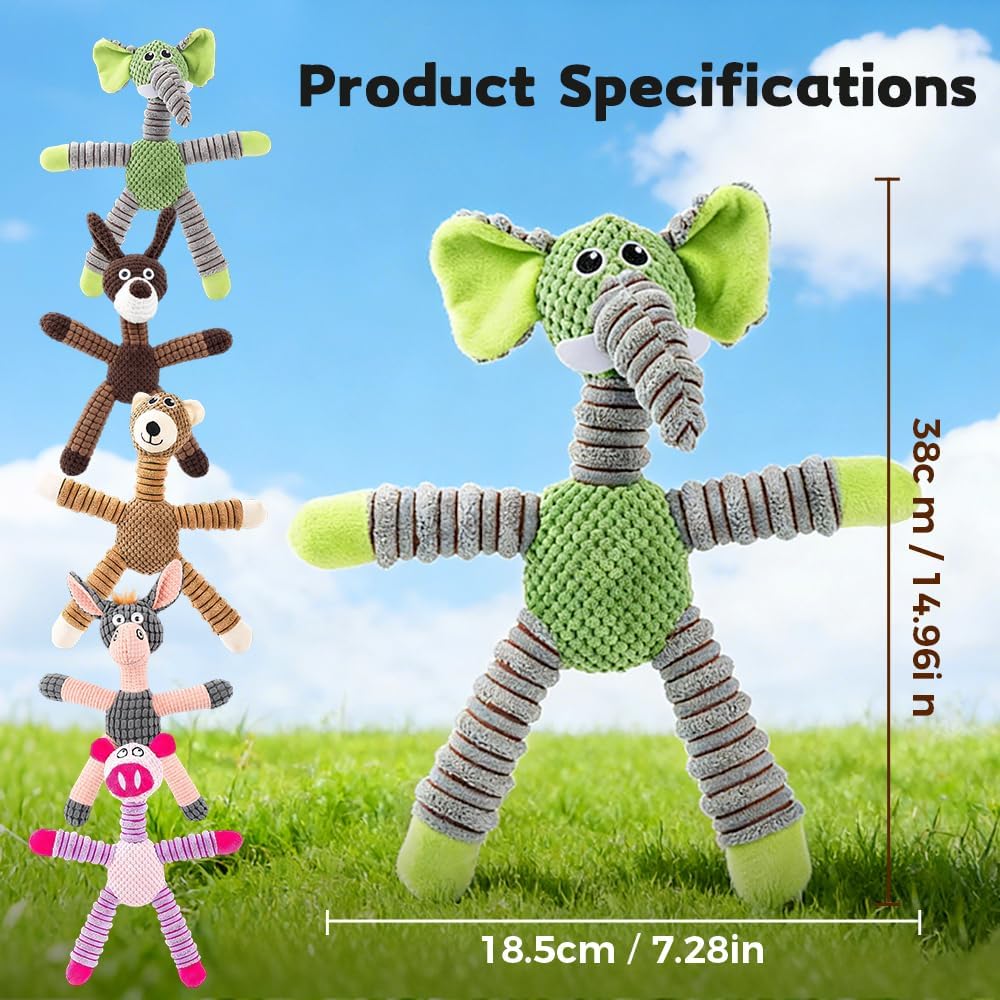 Linen Safari Companions Dog Toys, Durable Toy with Squeaker for Small Medium Large Dogs, Chew Resistant Animal Shaped Toys Aggressive Chewers Puppy Anxiety Relief (Elephant) Elephant