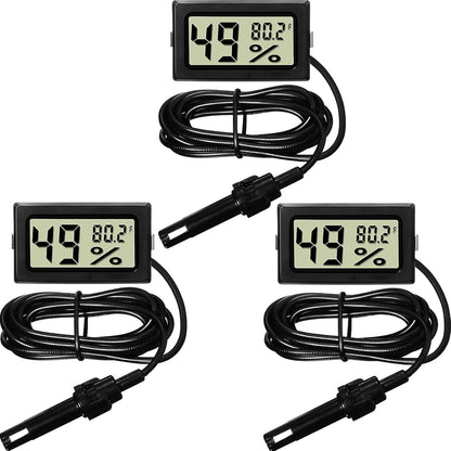 Mini Digital Temperature Humidity Meters Gauge with Probe Gauge LCD Fahrenheit Display Thermometer Hygrometer for Incubator Reptile Plant Greenhouse Chicken Coop Garden(Black, 3 Pieces)