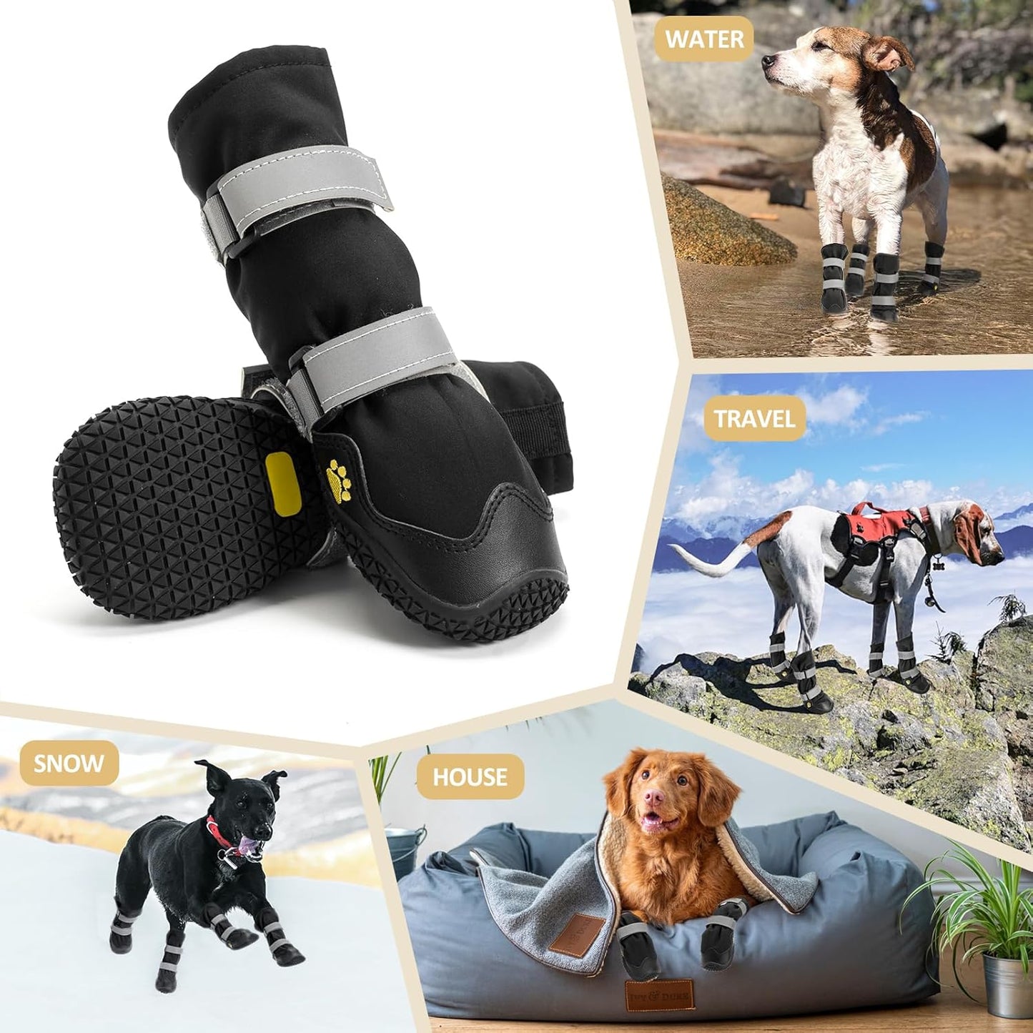 Anti-slip dog shoes with reflective strips, high waterproof dog boots, durable leather rubber sole dog paw protectors for small, medium and large dogs, 4 pieces (XL, black)