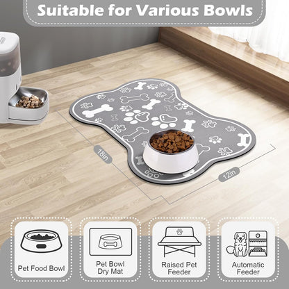 Dog Cat Food Mat,Rapid AbsorbentPet Feeding Mat, Bone Shaped Dog Placemat Water Bowl Mat with Rubber Backing,No Stains Dog Cat Food Mats Indoor, Pet Accessories Supplies 12"x18" Grey