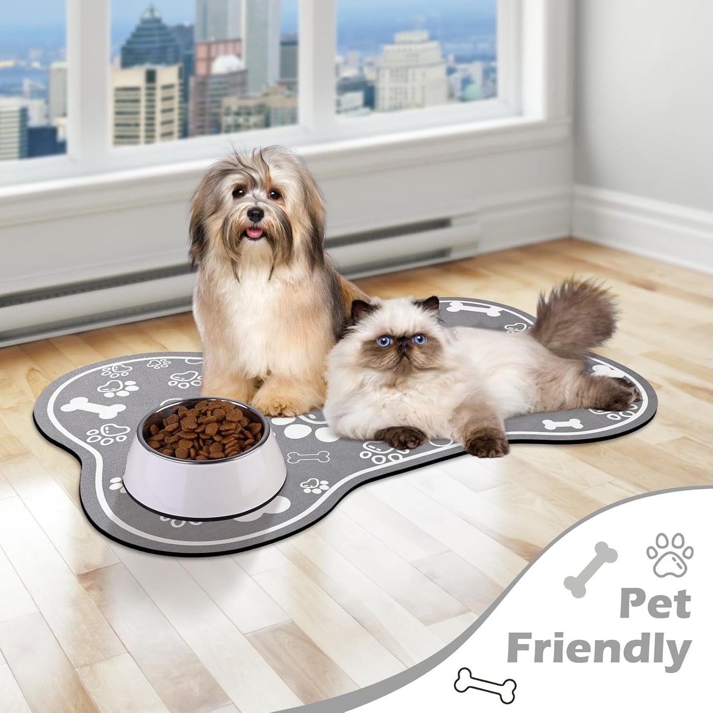 Dog Cat Food Mat,Rapid AbsorbentPet Feeding Mat, Bone Shaped Dog Placemat Water Bowl Mat with Rubber Backing,No Stains Dog Cat Food Mats Indoor, Pet Accessories Supplies 12"x18" Grey