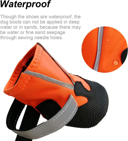 Dog Shoes, Waterproof Anti-Slip Dog Boots Snow Shoes with Two Reflective Straps, 4 Pcs Pet Paw Protectors Rain Boots for Small Dogs, Orange (S)