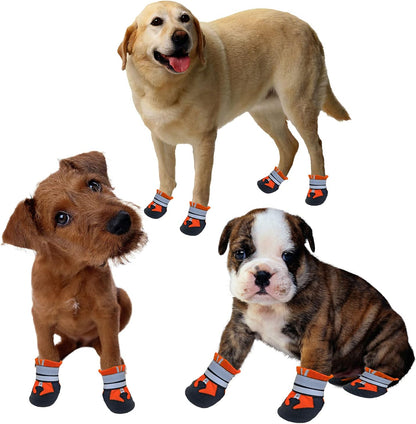Dog Shoes, Waterproof Anti-Slip Dog Boots Snow Shoes with Two Reflective Straps, 4 Pcs Pet Paw Protectors Rain Boots for Small Dogs, Orange (S)