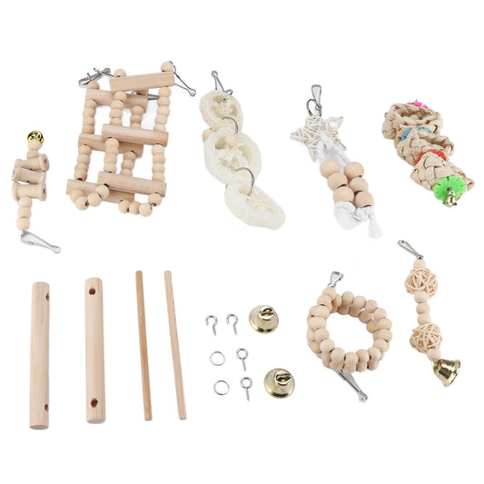8 Pcs Parrot Toy Wooden Birds Swing Chewing Toy Pet Birds Cage Nest Hanging Toys Spiral Ladders Vertical Roosting Toys