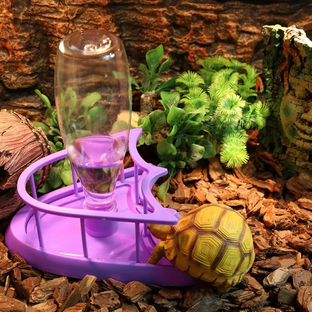 Reptile Water Bowl with Bottle for Lizard Gecko Snake Inverted Bottle Dispenser - Purple Platform S