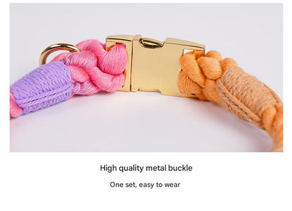Handmade Rope Dog Collar and Leash Set - Colorful Woven Cotton Cotton (Pink purple - Size XL)