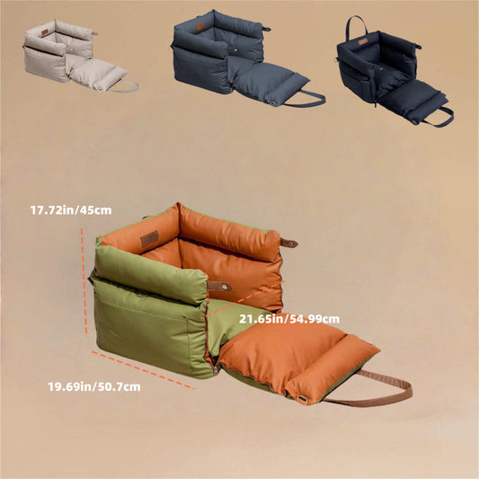Green and Orange Premium Plush Pet Booster Car Seat - Portable Dog Travel Bed with Non-Slip Base