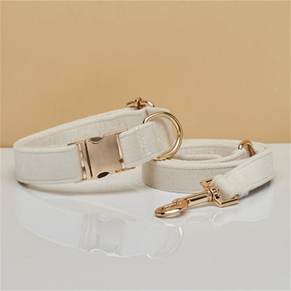 S Beige Luxury Velvet Pet Collar & Leash Set - Engravable Dog Collar with Gold Hardware