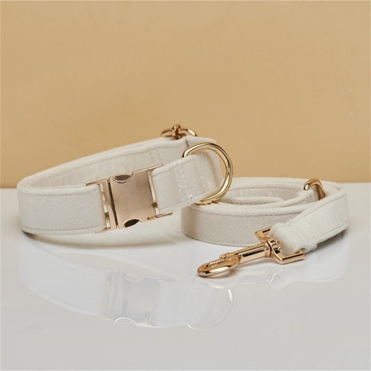 L Beige Luxury Velvet Pet Collar & Leash Set - Engravable Dog Collar with Gold Hardware
