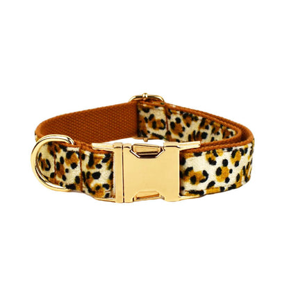 XS Luxury 5 Piece Dog Harness and Collar Set Leopard Print with Leash Bow Tie & Waste Bag Holder Gold Metal Buckle Walking Gear