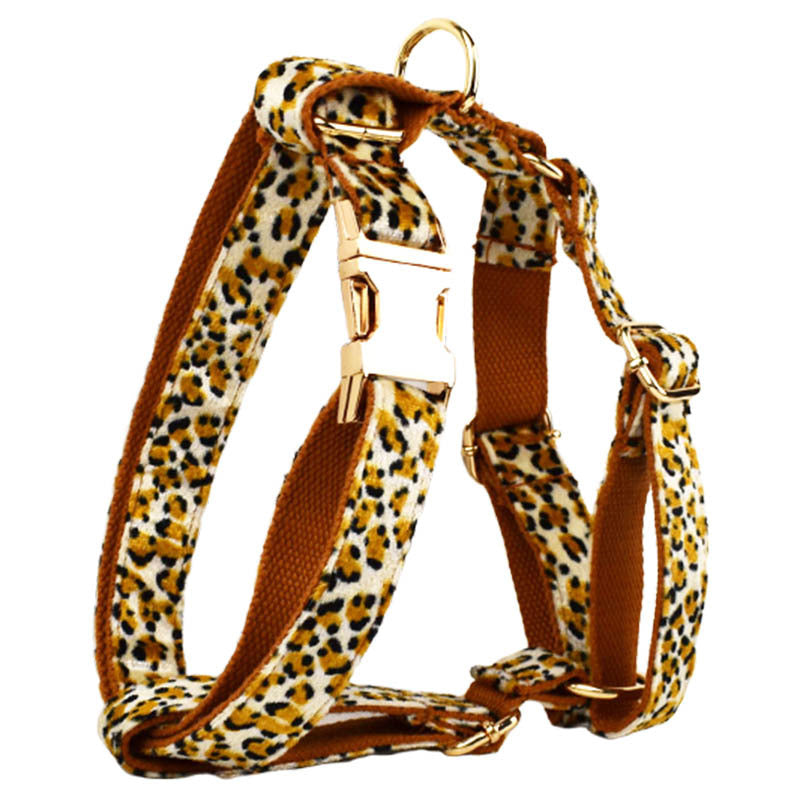 M Luxury 5 Piece Dog Harness and Collar Set Leopard Print with Leash Bow Tie & Waste Bag Holder Gold Metal Buckle Walking Gear