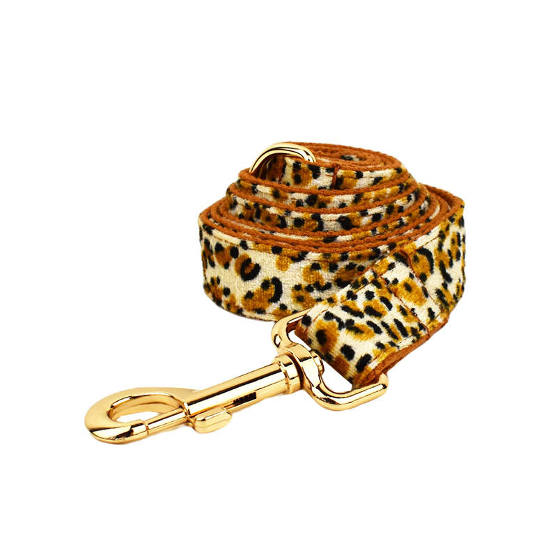 L Luxury 5 Piece Dog Harness and Collar Set Leopard Print with Leash Bow Tie & Waste Bag Holder Gold Metal Buckle Walking Gear