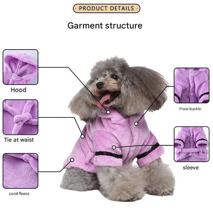 White Cozy Pet Bathrobe Sleepwear – Plush Fleece Dog Robe with Hood and Adjustable Waistband for Small to Medium Breeds(Size:L)