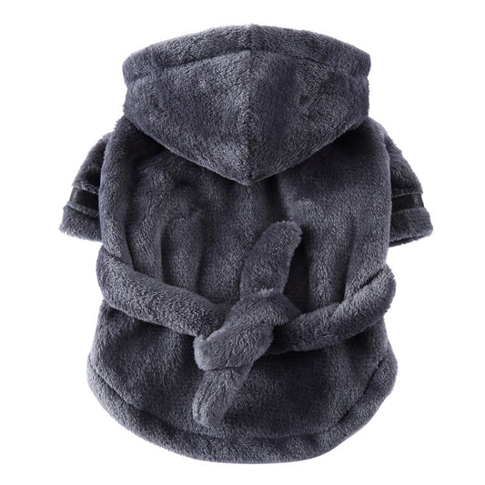 Grey Cozy Pet Bathrobe Sleepwear – Plush Fleece Dog Robe with Hood and Adjustable Waistband for Small to Medium Breeds(Size:L)