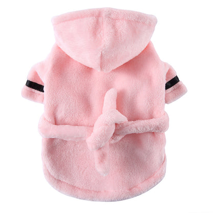 Pink Cozy Pet Bathrobe Sleepwear – Plush Fleece Dog Robe with Hood and Adjustable Waistband for Small to Medium Breeds(Size:L)