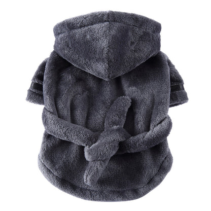Grey Cozy Pet Bathrobe Sleepwear – Plush Fleece Dog Robe with Hood and Adjustable Waistband for Small to Medium Breeds(Size:XL)